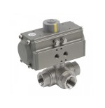Valvula de esfera 3 vías paso en "L" a/inox. A-316 con rosca 1/2" y actuador neumatico simple efecto