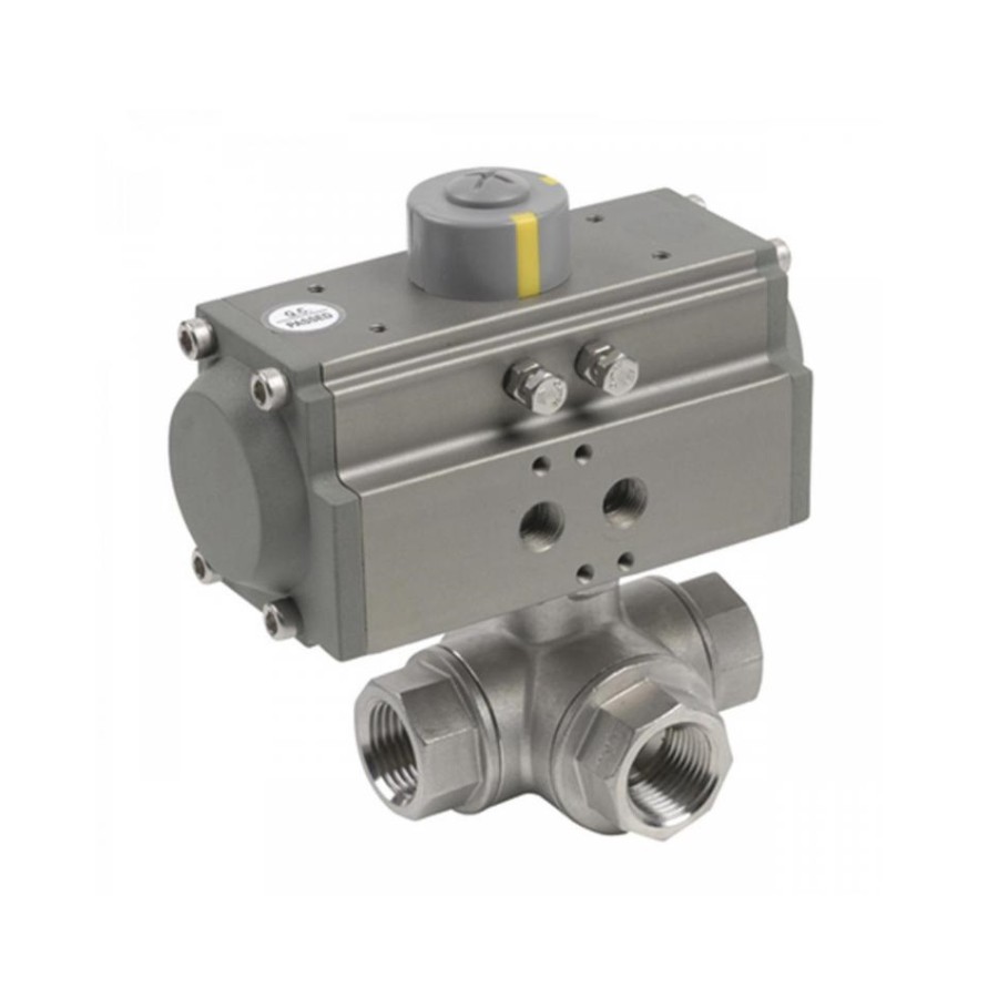 Valvula de esfera 3 vías paso en "L" a/inox. A-316 con rosca 3/8" y actuador neumatico doble efecto Valvula de esfera 3 vías paso en "L" a/inox. A-316 con rosca 3/8" y actuador neumatico doble efecto