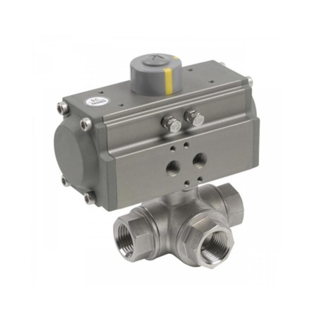 Valvula de esfera 3 vías paso en "L" a/inox. A-316 con rosca 3/8" y actuador neumatico doble efecto
