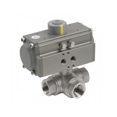 Valvula de esfera 3 vías paso en "T" a/inox. A-316 con rosca 3/4" y actuador neumatico simple efecto