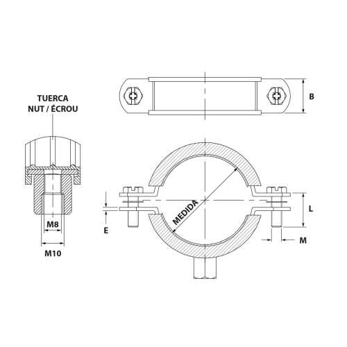 Abrazadera isofonica reforzada inoxidable A-2 84 mm. (M8+M10)
