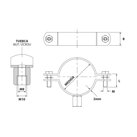 Abrazadera reforzada inoxidable A-2 160 mm. 6" (M8+M10)