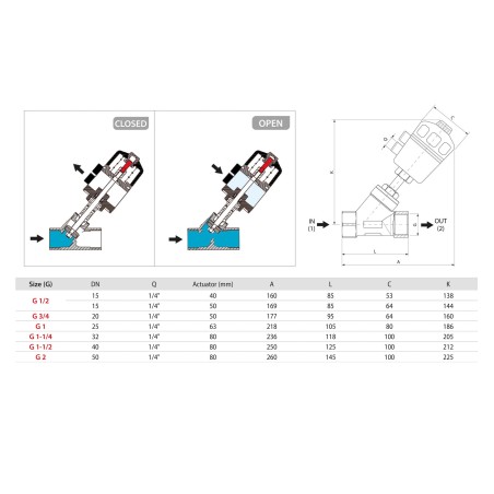 Valvula de asiento inclinado Aignep acero inoxidable 2/2 N.C. 3/4" con actuador neumatico tecnopolimero X2Y0710500