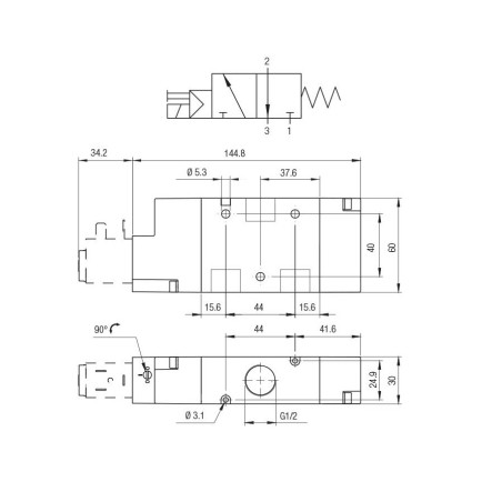 Electrovalvula monoestable Aignep 3/2 N.C. 1/2" retorno muelle 01VS03NC05