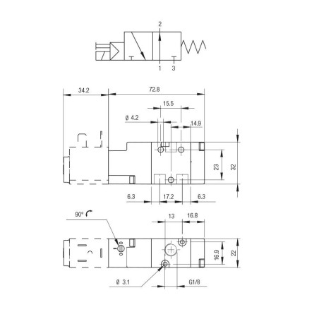 Electrovalvula monoestable Aignep 3/2 N.O. 1/8" retorno muelle 01VS03NO02