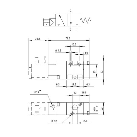 Electrovalvula monoestable Aignep 3/2 N.C. 1/8" retorno neumatico 01VS43NC02