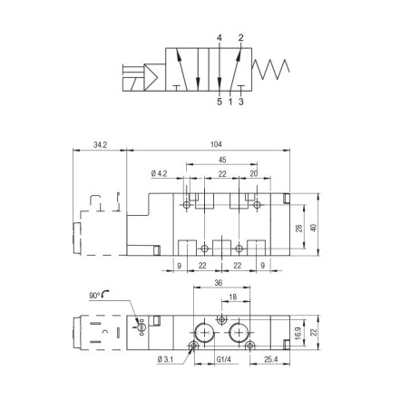 Electrovalvula monoestable Aignep 5/2 1/4" retorno neumatico 01VS450003
