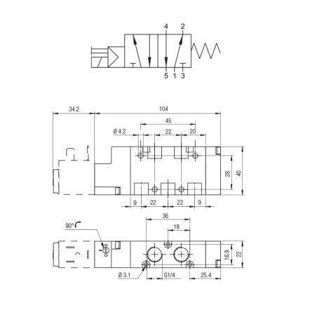 Electrovalvula monoestable Aignep 5/2 1/4" retorno neumatico muelle 01VS550003