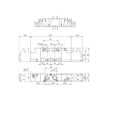 Electrovalvula monoestable Aignep 5/3 C.C. 1/4" retorno muelle 01VS07CC03
