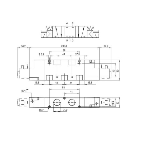 Electrovalvula monoestable Aignep 5/3 C.C. 1/2" retorno muelle 01VS07CC05