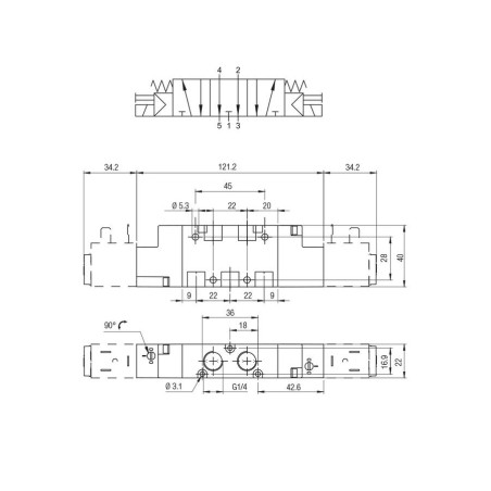 Electrovalvula monoestable Aignep 5/3 O.C. 1/4" retorno muelle 01VS07OC03
