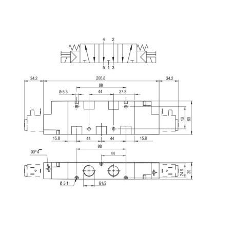 Electrovalvula monoestable Aignep 5/3 O.C. 1/2" retorno muelle 01VS07OC05