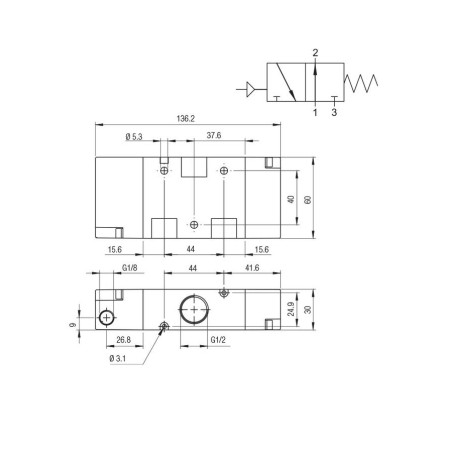 Valvula monoestable Aignep 3/2 N.O. 1/2" retorno muelle 01VP03NO05