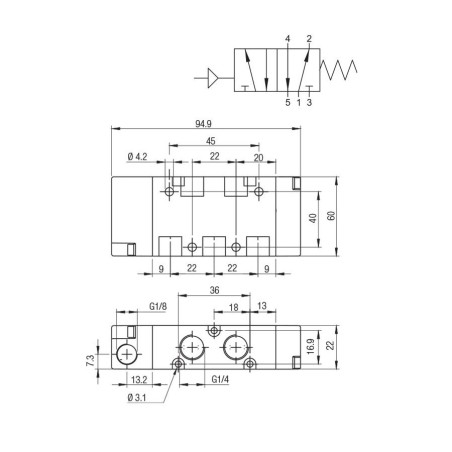Valvula monoestable Aignep 5/2 1/4" retorno muelle 01VP050003