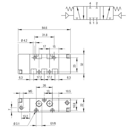 Valvula monoestable Aignep 5/3 C.C. 1/8" retorno muelle 01VP07CC02