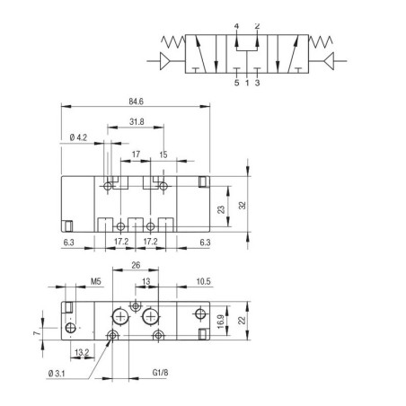 Valvula monoestable Aignep 5/3 P.C. 1/8" retorno muelle 01VP07PC02