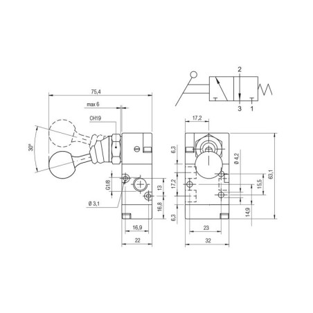 Valvula palanca monoestable Aignep 3/2 N.C. 1/8" retorno muelle 01VL03NC02