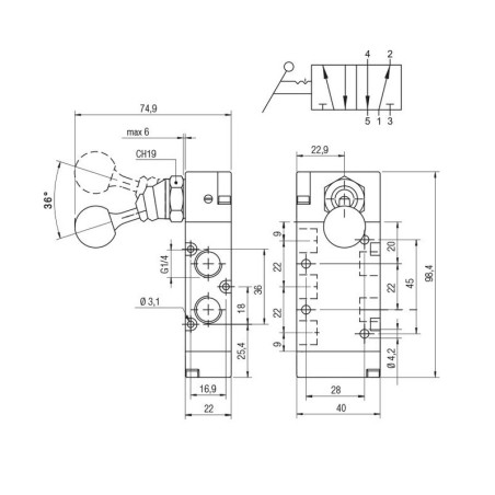 Valvula palanca biestable Aignep 5/2 1/4"   01VL150003