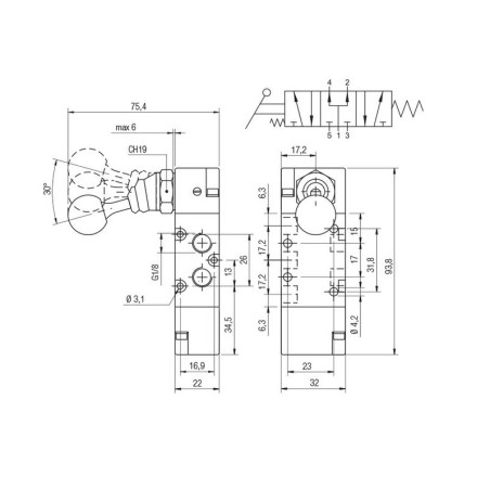 Valvula palanca monoestable Aignep 5/3 P.C. 1/8" retorno muelle 01VL07PC02
