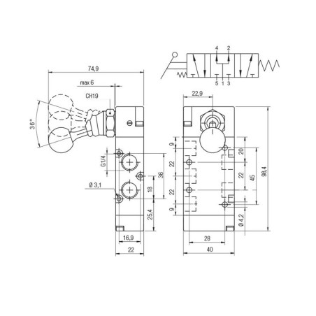 Valvula palanca monoestable Aignep 5/3 P.C. 1/4" retorno muelle 01VL07PC03