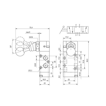 Valvula palanca 5/3 Aignep C.C. 1/8" 3 posiciones fijas 01VL27CC02