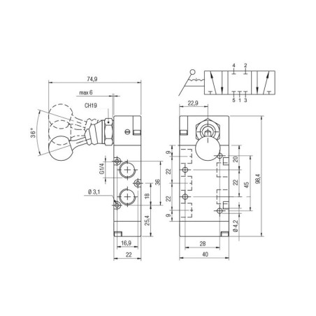 Valvula palanca 5/3 Aignep C.C. 1/4" 3 posiciones fijas 01VL27CC03