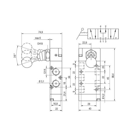 Valvula palanca 5/3 Aignep P.C. 1/4" 3 posiciones fijas 01VL27PC03