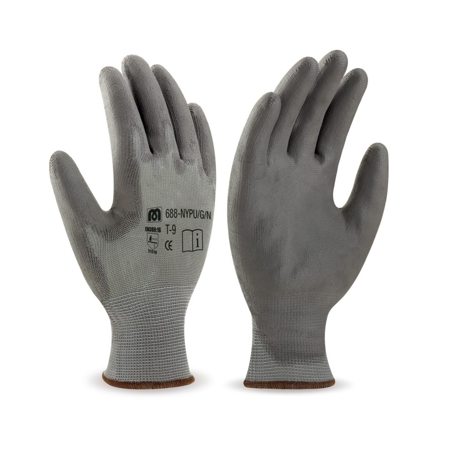 Guante de poliester con recubrimiento de poliuretano color gris talla 8 Guante de poliester con recubrimiento de poliuretano color gris talla 8